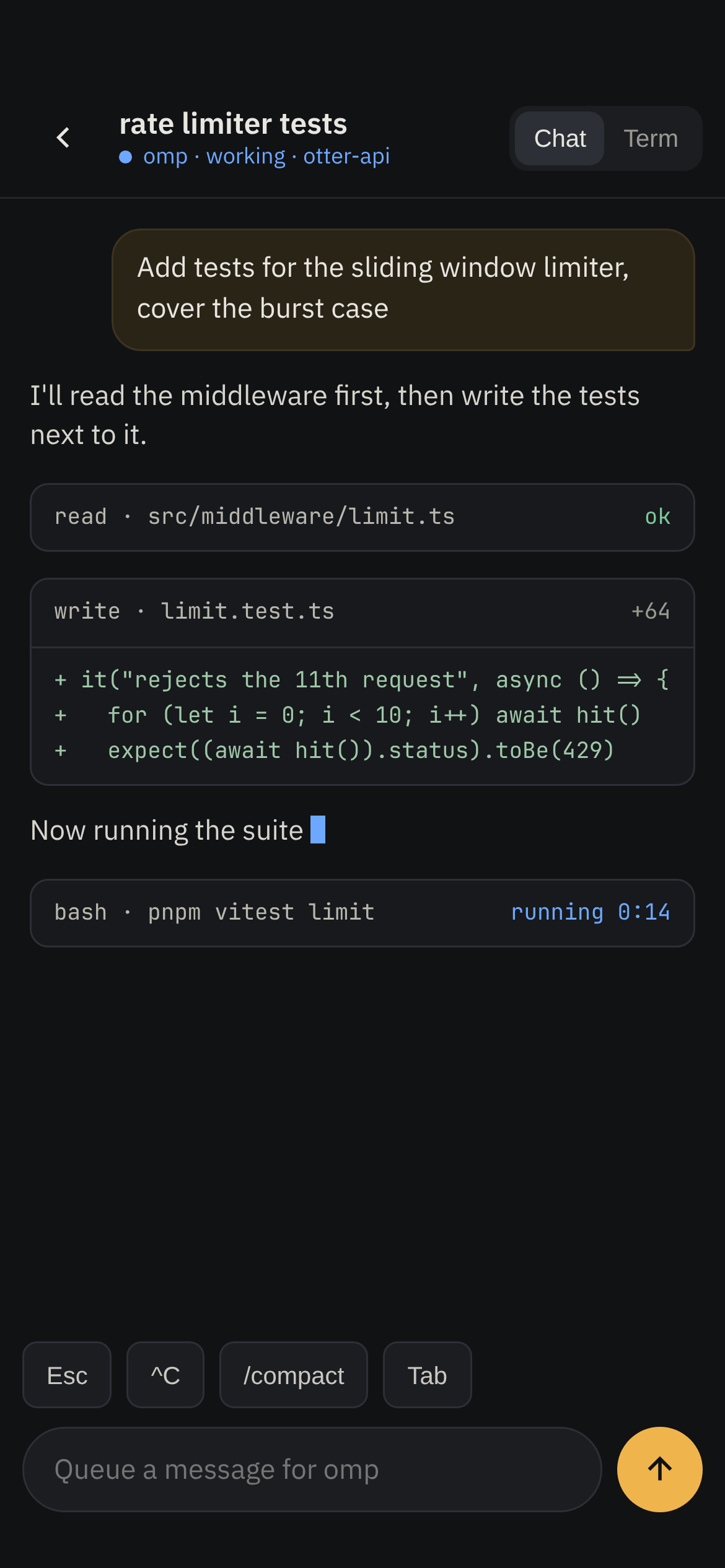 An omp conversation with formatted replies, thinking and compact tool call cards